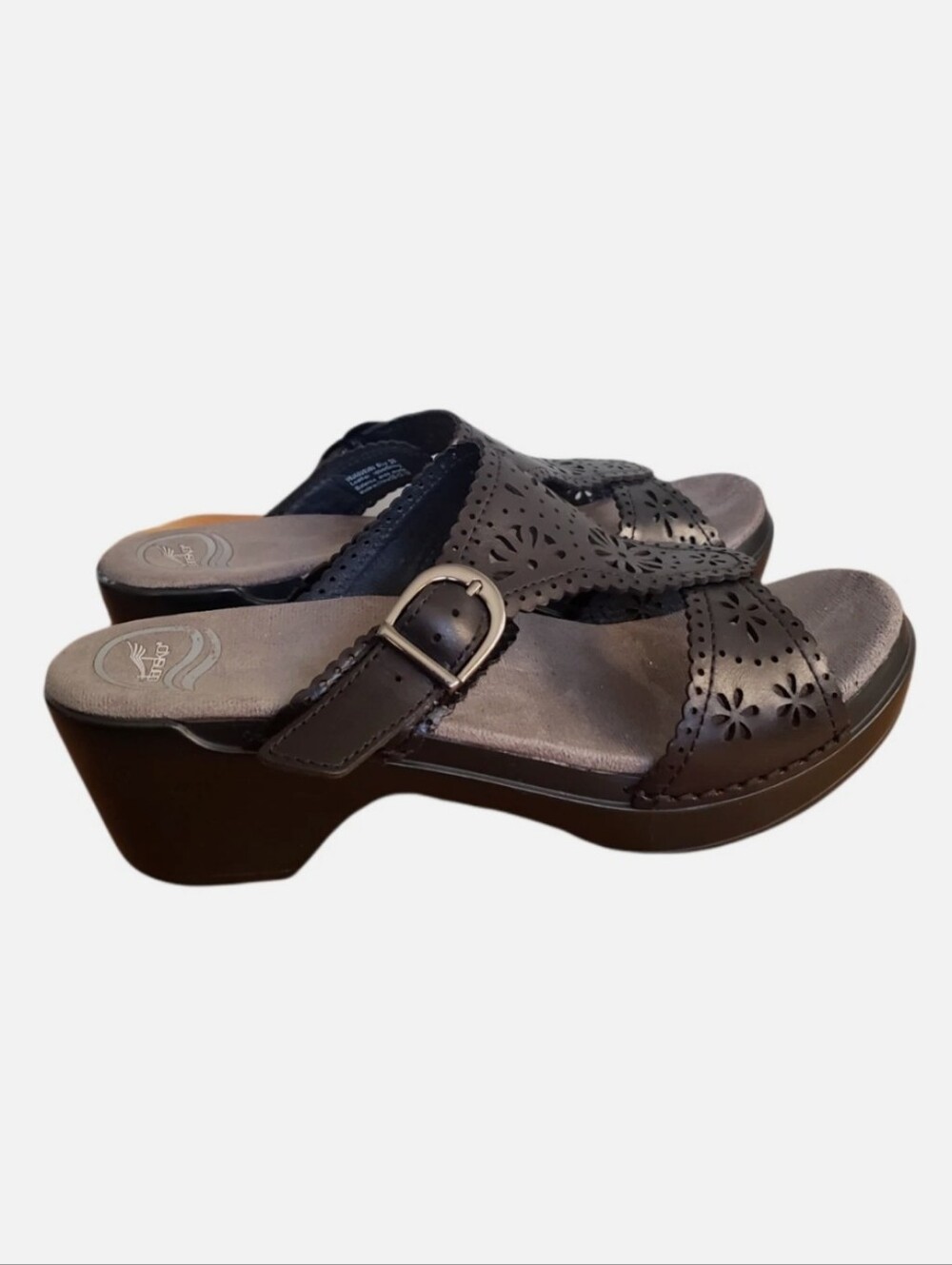 Dansko Sapphire Black Leather Cutout Wedge Clog Sandals W 6.5 (EU 37)